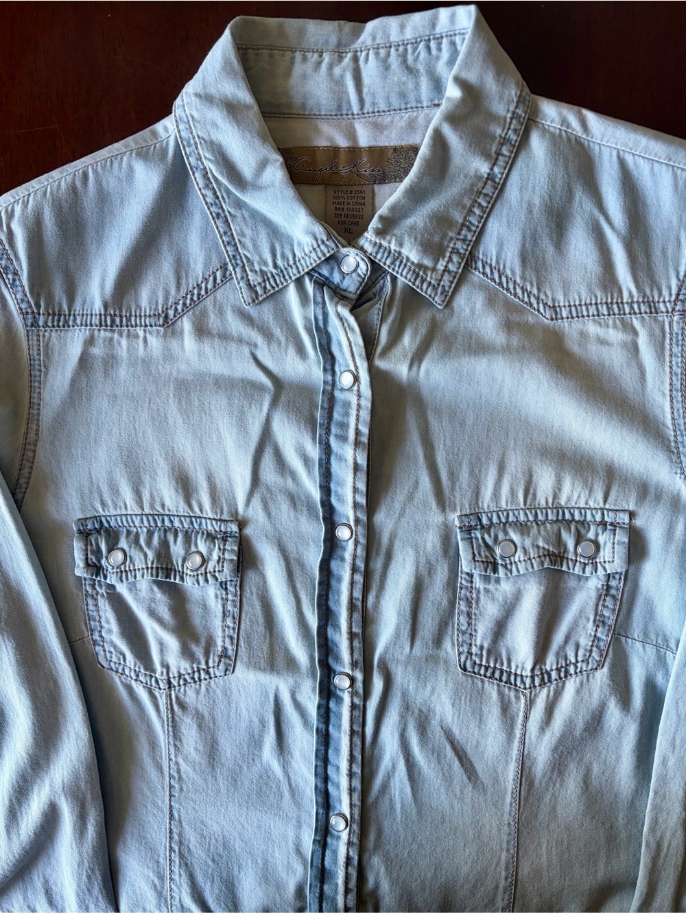 Angel Kiss Light Blue Denim-Like Snap Long Sleeved Shirt in Size XL